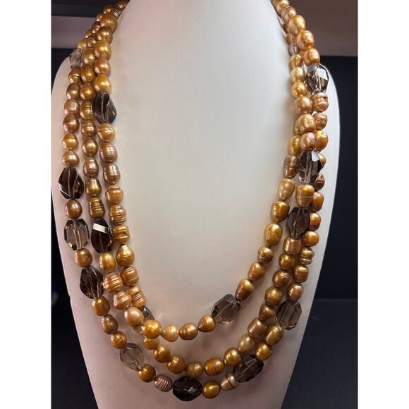 NEW smoky quartz and pearl multi strand necklace with sterling silver clasp - Picture 2 of 16